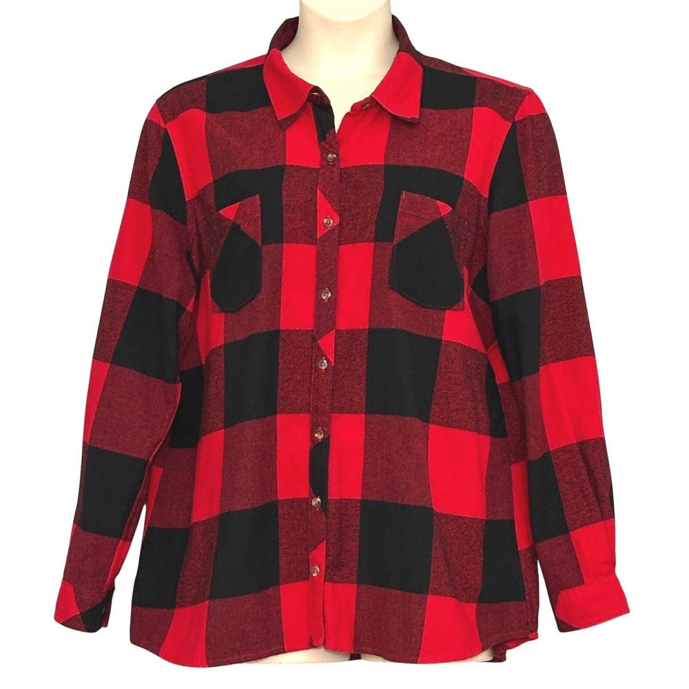 Natural Reflections Women Top Plus 1X Red Black Buffalo Plaid Flannel Cabin Cozy